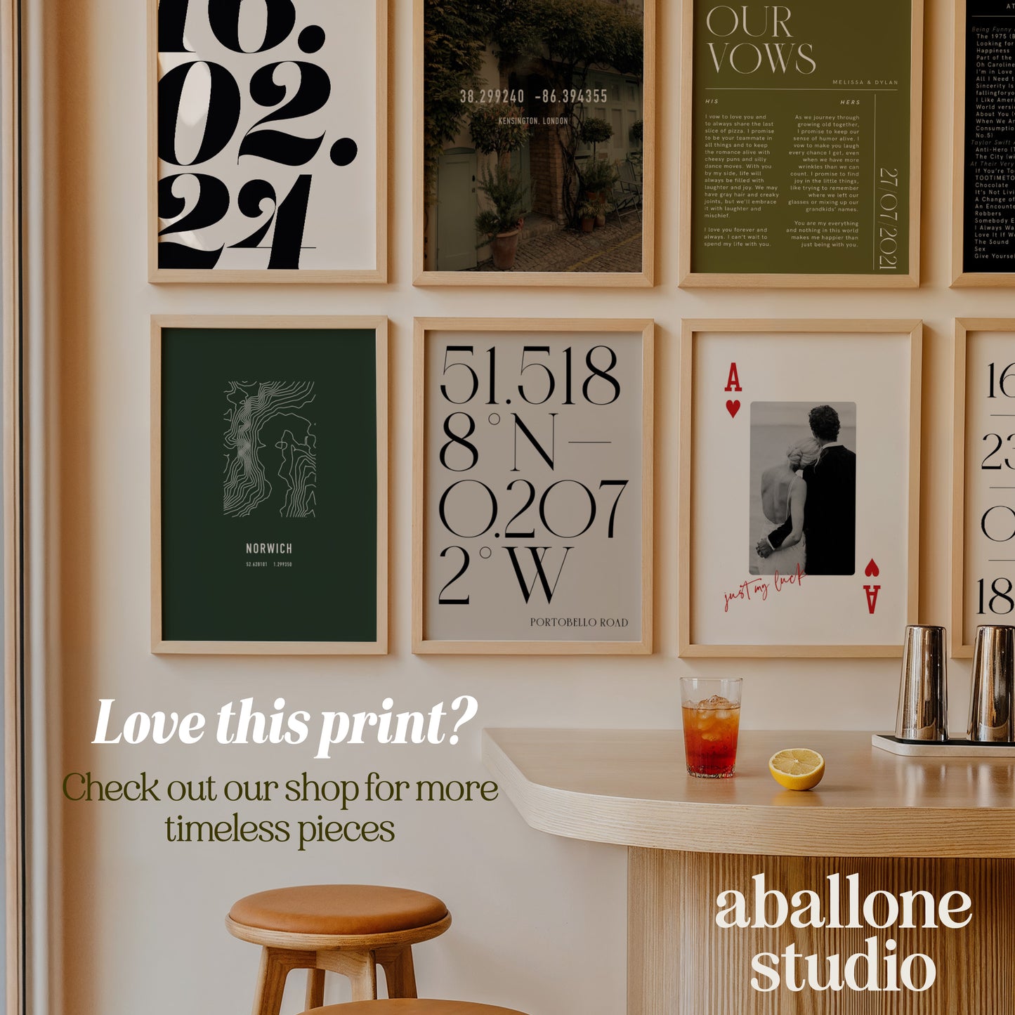 Image showing a collection of Aballone Studios best selling prints displayed on a gallery wall. Contains the text " Love this print? Check out our shop for more timeless pieces" and the Aballone Studio Logo
