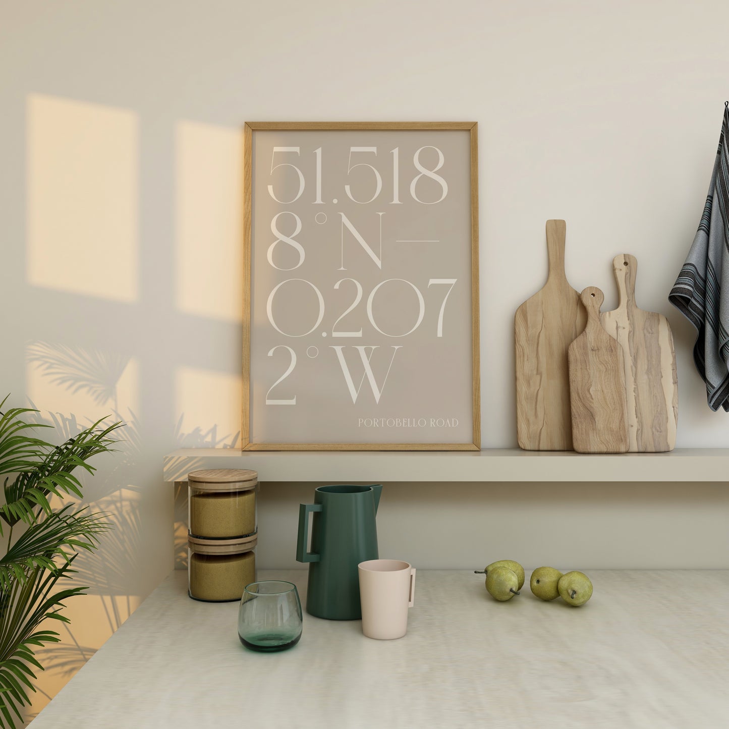Beige and white minimal coordinate print in wood frame. Clean kitchen aesthetic for a middle class lifestyle