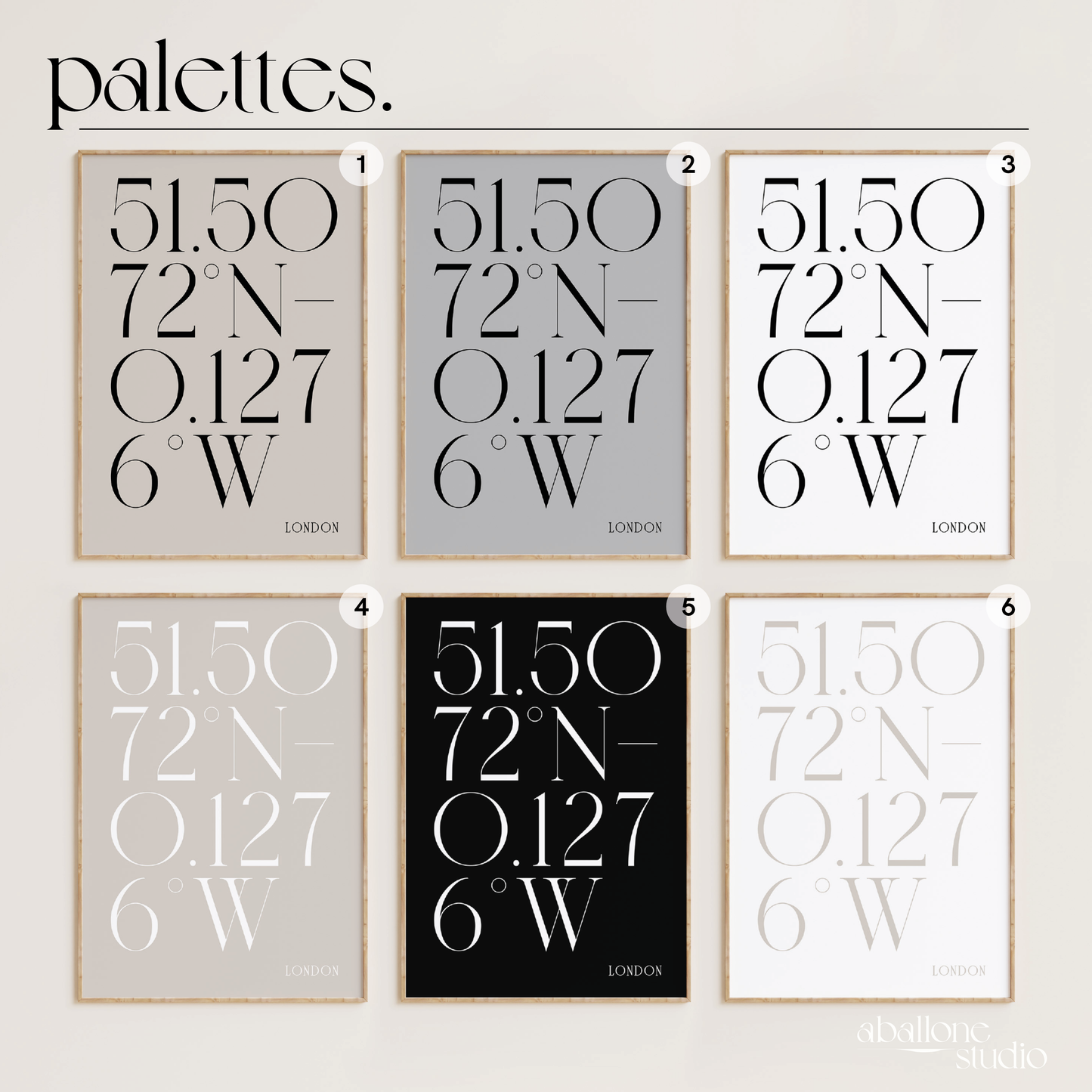 Colour Palette selection image containing the 6 colour ways the print can be customised to your style. Colours available are beige, grey, white and black.