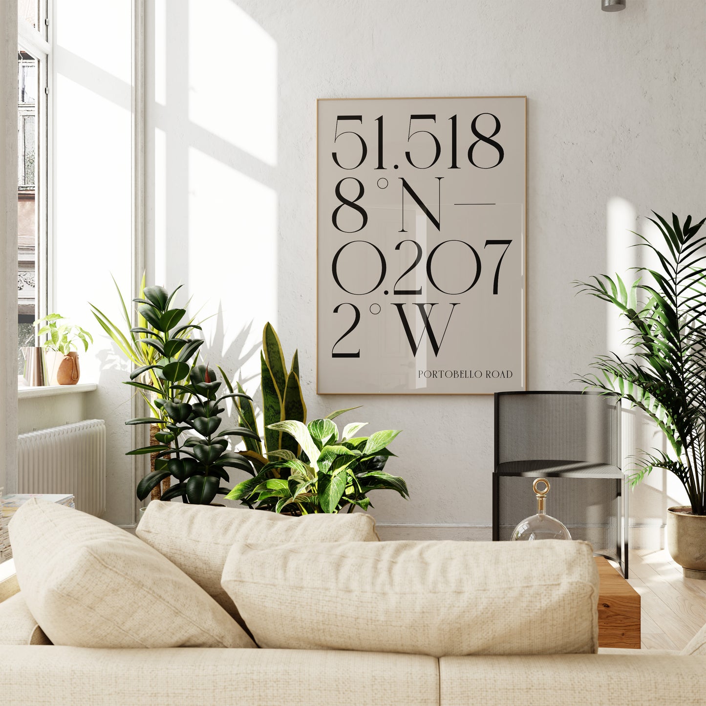 Example of Deco Coordinate Location Print in stylish modern contemporary living room. Large format A2 or A1 print in wooden frame.