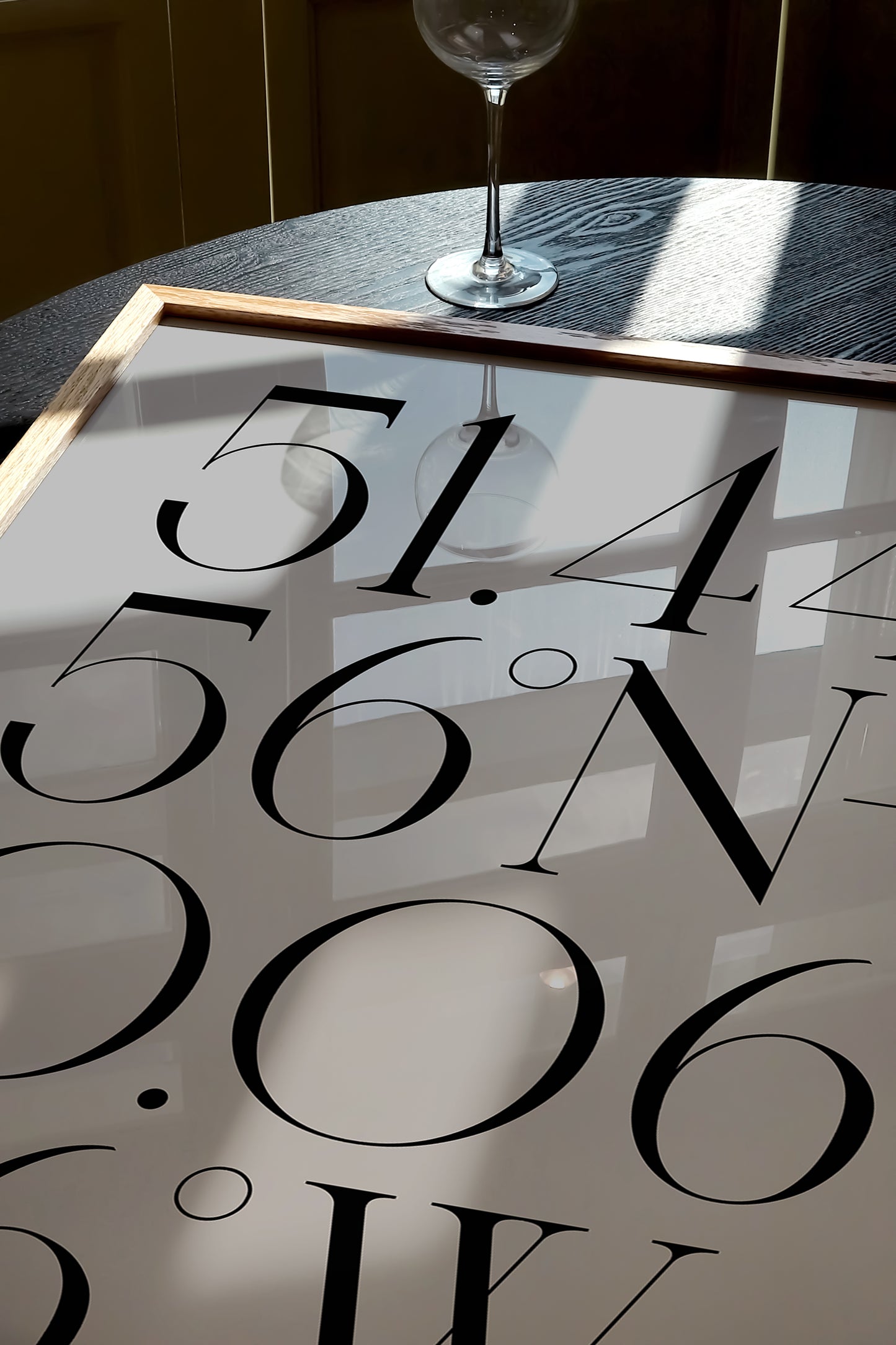 Large Format A2 Deco Coordinates Print in Grey with reflection of wine glass. Print is in wooden frame with acrylic "glass"