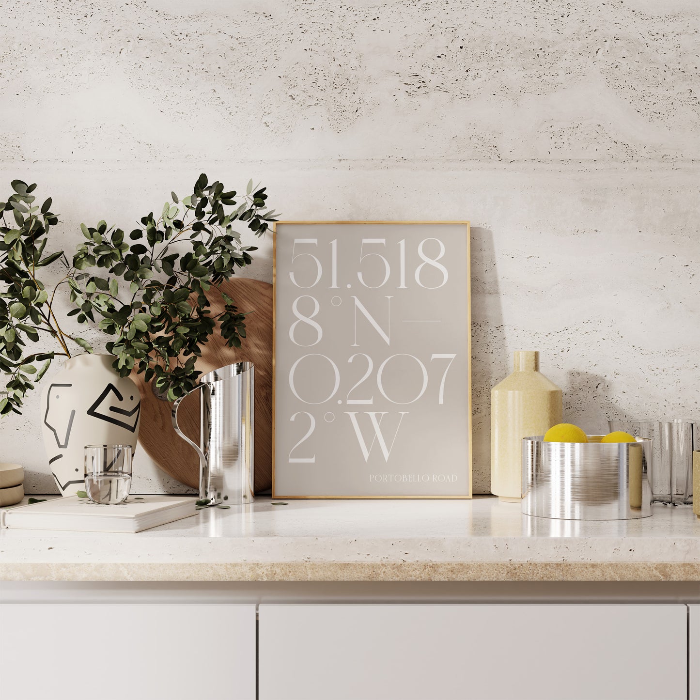 Light Kitchen Style Mockup of Coordinate Print. White text on beige background colour palette. Sat in a wooden frame for a light modern look