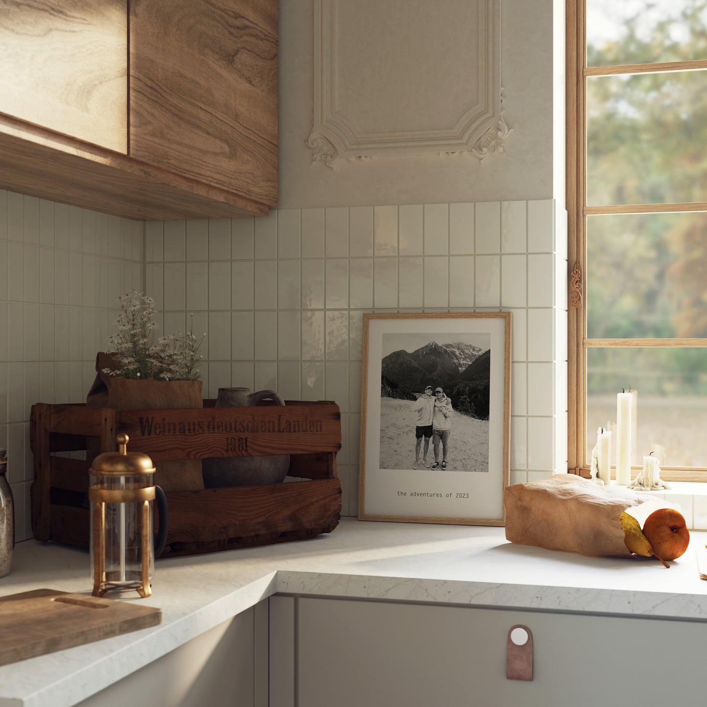 Custom Print including black and white photo celebrating 2 friends. Includes Custom Text below the image. Framed in a wooden frame and displayed in the kitchen for a perfect new home gift