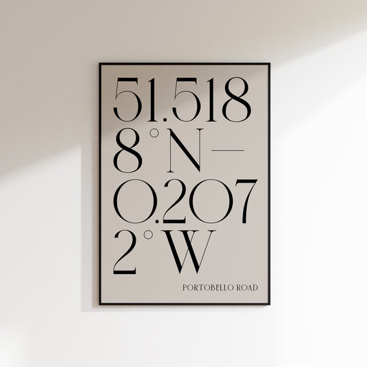 A Deco Style Coordinate Print in a black frame on a white wall background with shadow. This is a neutral beige coloured print with slate coloured number coordinates in a deco style serif typeface. 