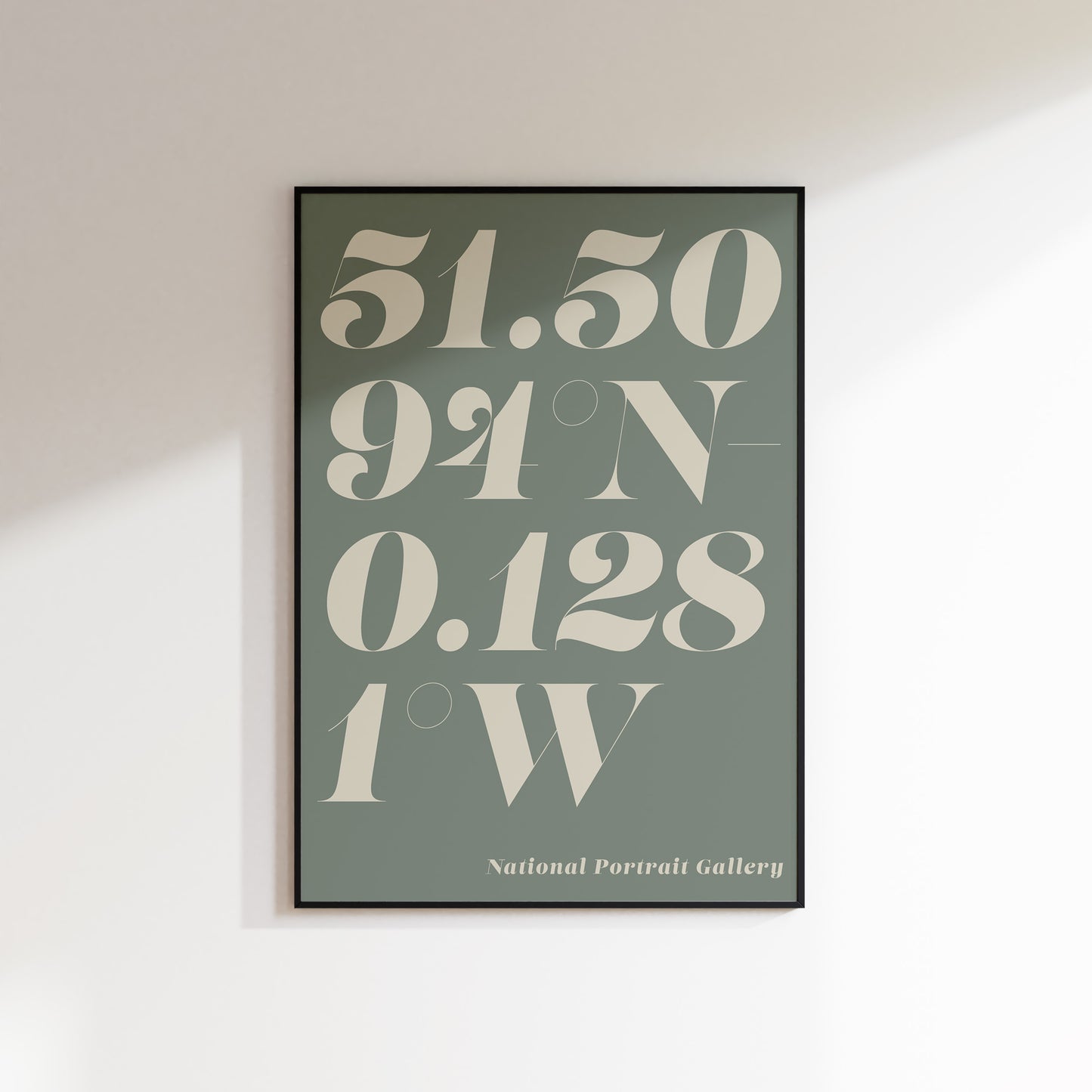 A location coordinate print for the home, ideal for hallways, living rooms and bedrooms. This is a pastel teal coloured print with white coloured number coordinates in a bold serif typeface, with the location text underneath. Print is in a black frame on a white wall background.