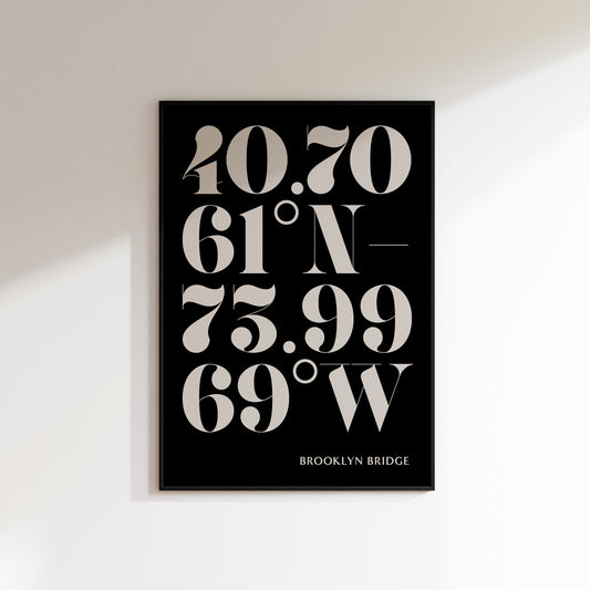 A location coordinate print for the home, ideal for hallways, living rooms and bedrooms. This is a slate coloured print with beige coloured number coordinates in a bold serif typeface, with the location text underneath. Print is in a black frame on a white wall background.